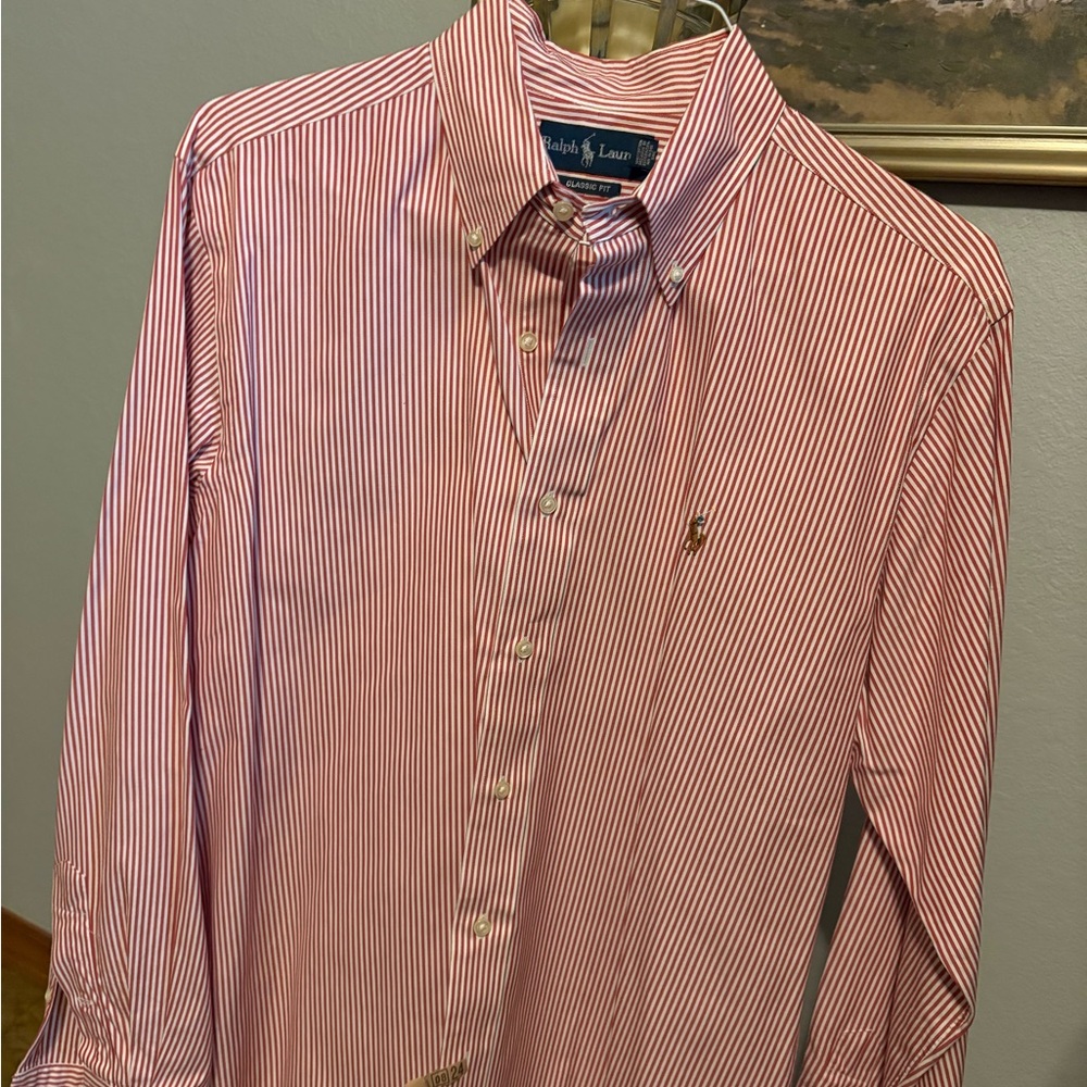 Ralph Lauren Men's Red and White Striped Button Down Shirt
